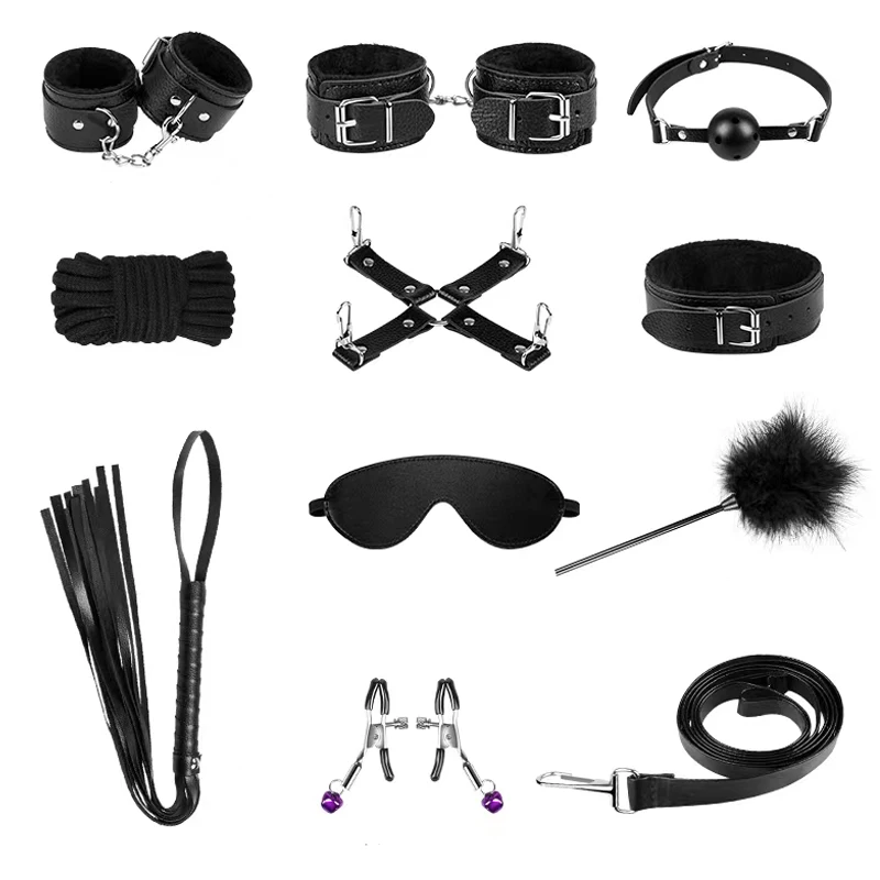 10 Pcs/set Leather Sex Toy BDSM Kits Plush Bondage Handcuffs Sex Games Whip Gag Nipple Clamp Sexy for Couples Exotic Accessories