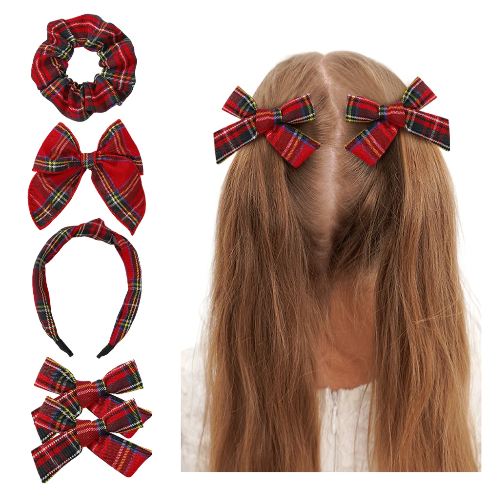 Conjunto de lazos a rayas navideñas para niñas, diadema a la moda, pinzas para el pelo elegantes rojas, accesorios para el cabello, 5 uds.