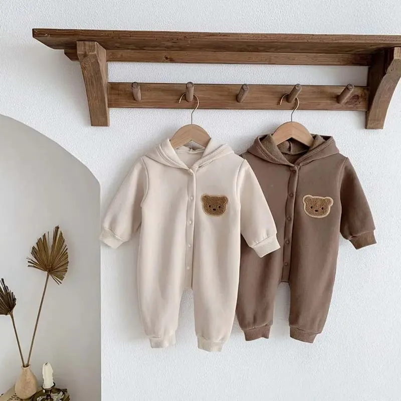 2024 Winter Warm Newborn Baby Clothes Boys Cotton Babies Romper Cartoon Bear Long Sleeve Hooded Girl Bodysuit for 0-24M Clothing