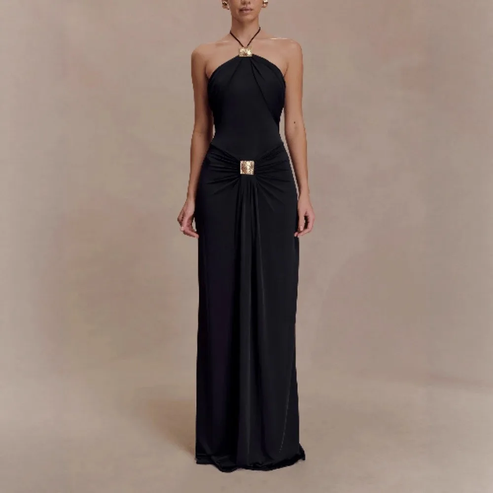 

Elegant Vestidos 2026 Woman Evening Dress Vestido Dresses For Ladies Temperament Solid Color Halter Neck Pendant Backless Silm