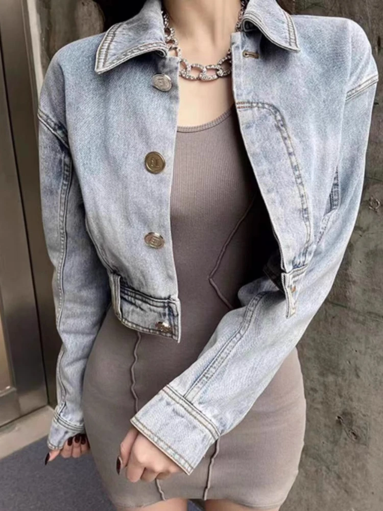 

Женская весенне-осенняя миниатюрная укороченная джинсовая куртка в корейском стиле HK с высокой талией, модное повседневное джинсовое пальто с длинными рукавами, топ, винтажная стирка