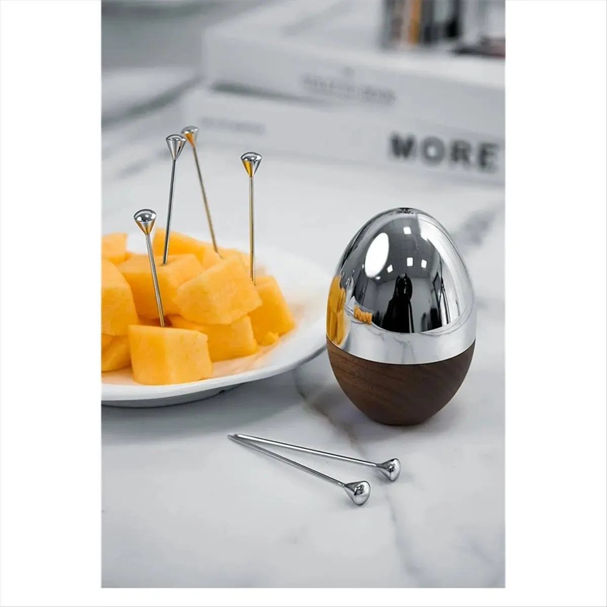 belong Stainless Steel Luxury Toothpick Holder Decorative Toothpick with Walnut Base for Table Decoration Home Decor Party Bar