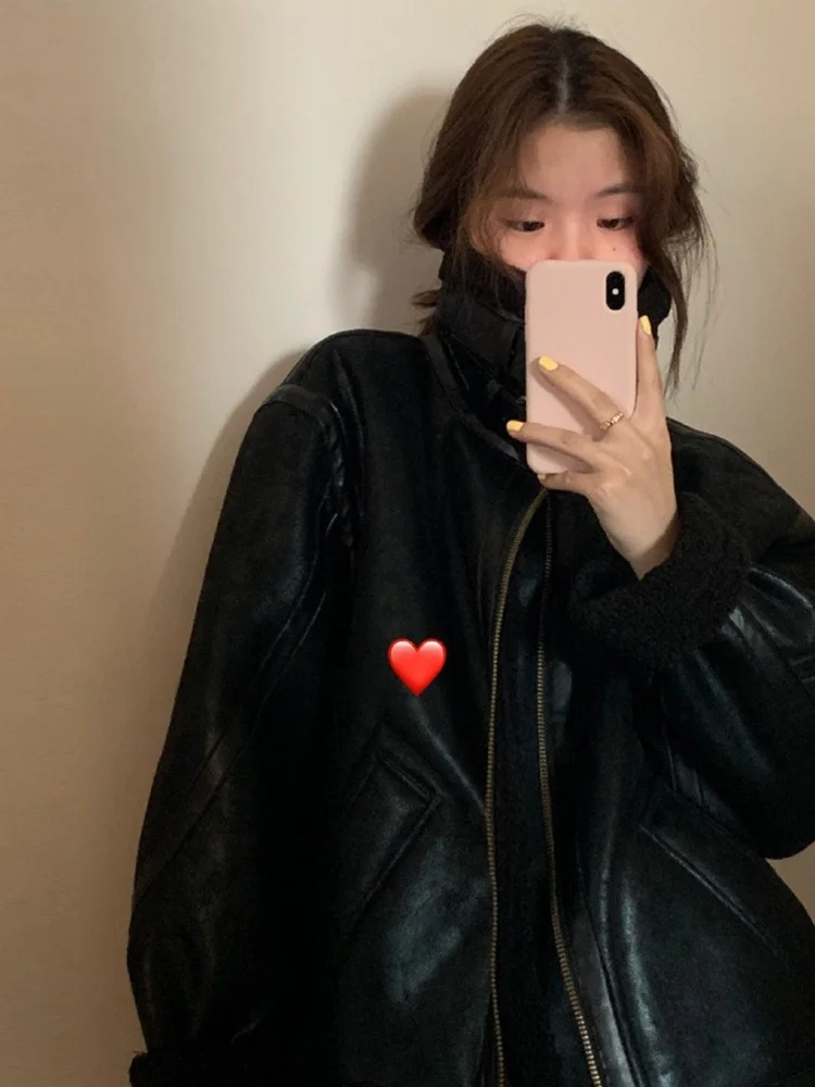 Heygirl clássico Thiened solto pele de cordeiro Jaet casaco de couro de motocicleta feminino Sli Commute Sle longo Sve Zipper Pure...