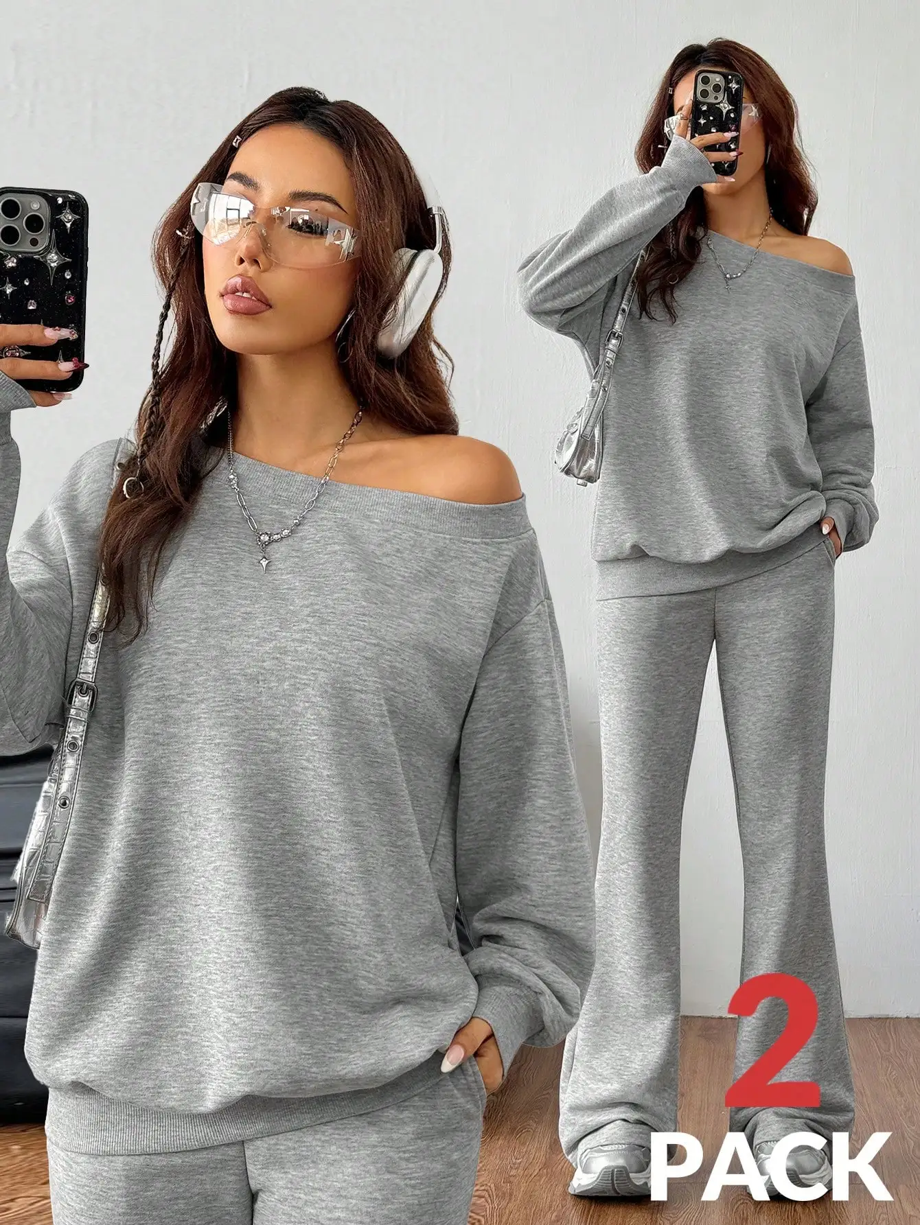 Women's Grey 2-Piece Off-Shoulder Sweatshirt & Flare Pants Set