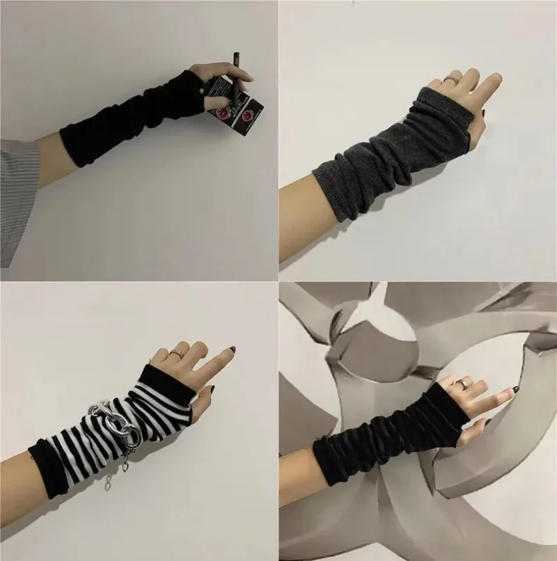 Knitted Long Fingerless Gloves Hip Hop Oversleeve Men Women Stripe Black Soft Skin Friendly Gloves Stretch Winter Arm Warmer