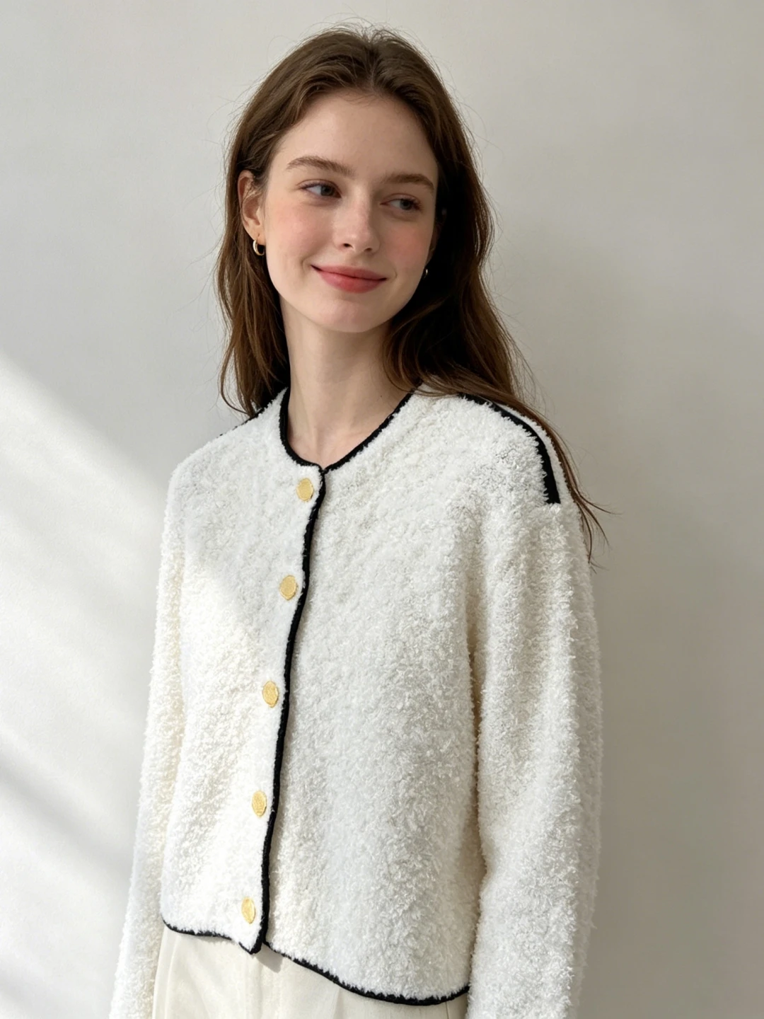 Women's Round Neck Gold Button Knitted Cardigan Contrast Edge Slim Fit Youthful Versatile Summer Long Sleeve Top
