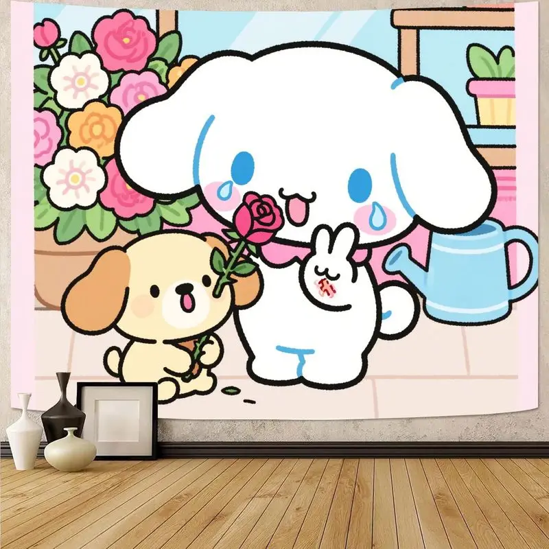 

1 шт. Kawaii Cinnamoroll щенок кролик гобелен розовый цветочный настенный рисунок, эстетический декор для спальни, гостиной, подарок для фанатов