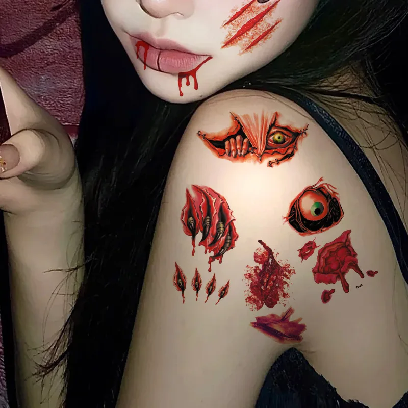 30pcs Halloween Waterproof Scars Fake Tattoos for Face Body Scary Temporary Tattoos for Women Men Horror DIY Face Makeup Tattoo