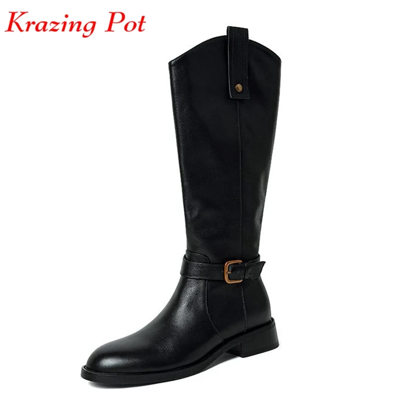 Krazing Pot Full Grain Leather Round Toe Winter Warm Riding Boots Metal Buckle Vintage Design British School Thigh High Boots