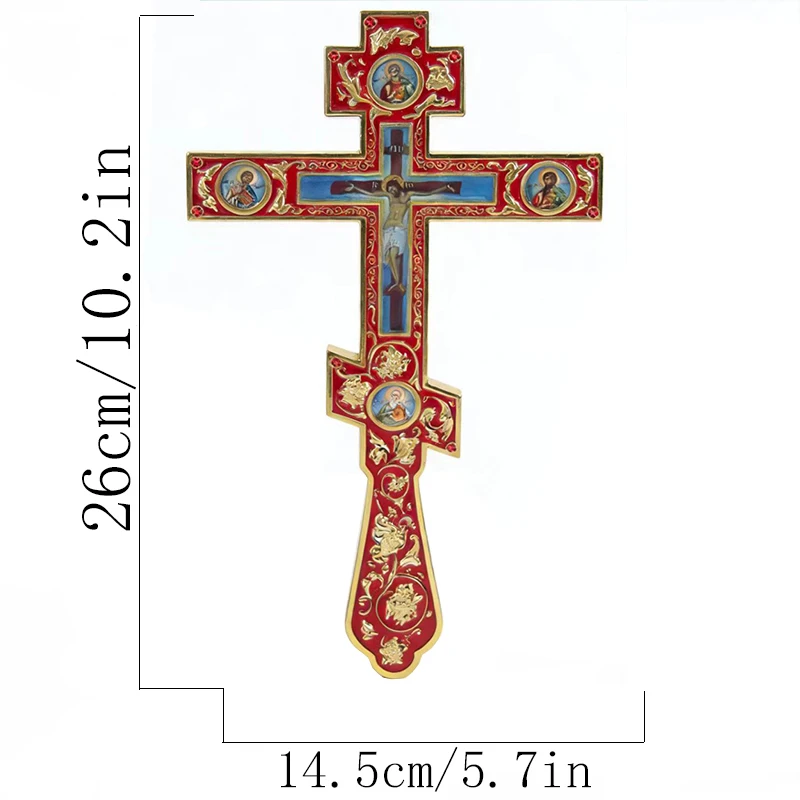 

Classic Red Orthodox Wall Cross Gold Embossment Artistic Pattern with Saint Icons for Religious Rituals Home Sacred Space Decor
