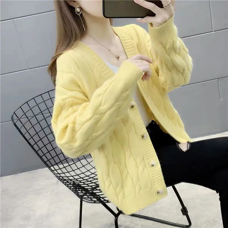 Spring Clothes Thickened Fried Dough Twist Knitting Cardigan Women\'s Sweater Loose Wear New Autumn and Winter Coat Top