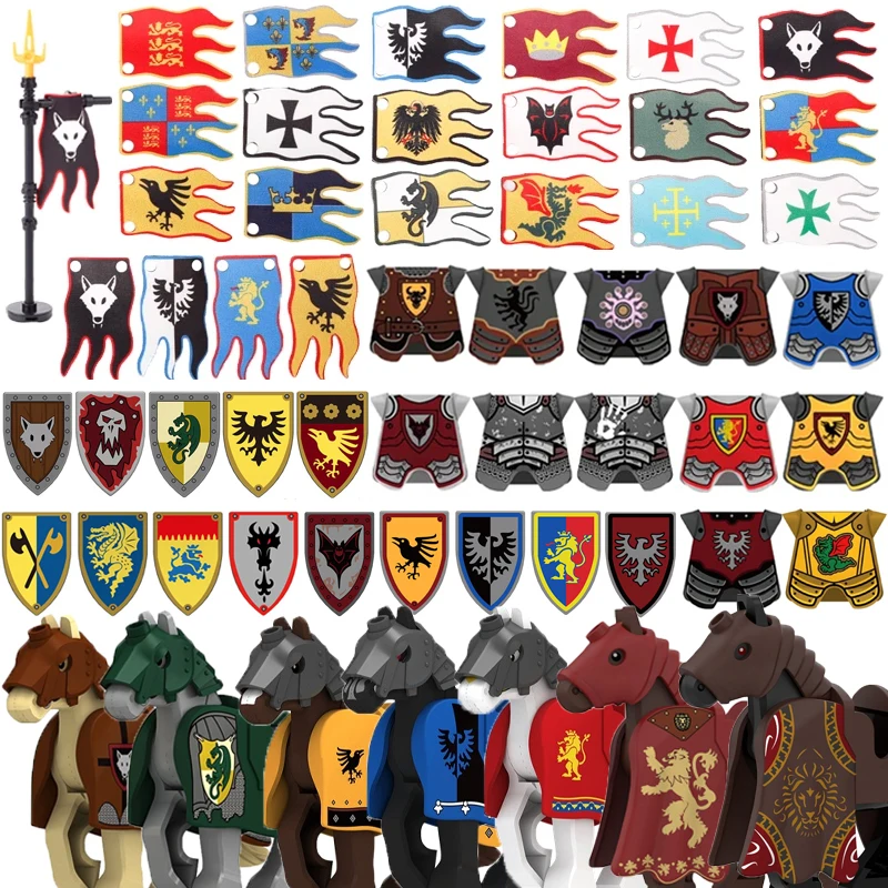 MOC Medieval Military Figures Soldier Building Blocks Castle Knight Army Flags Armor Horses Coats Accessories Bricks Toys Gifts