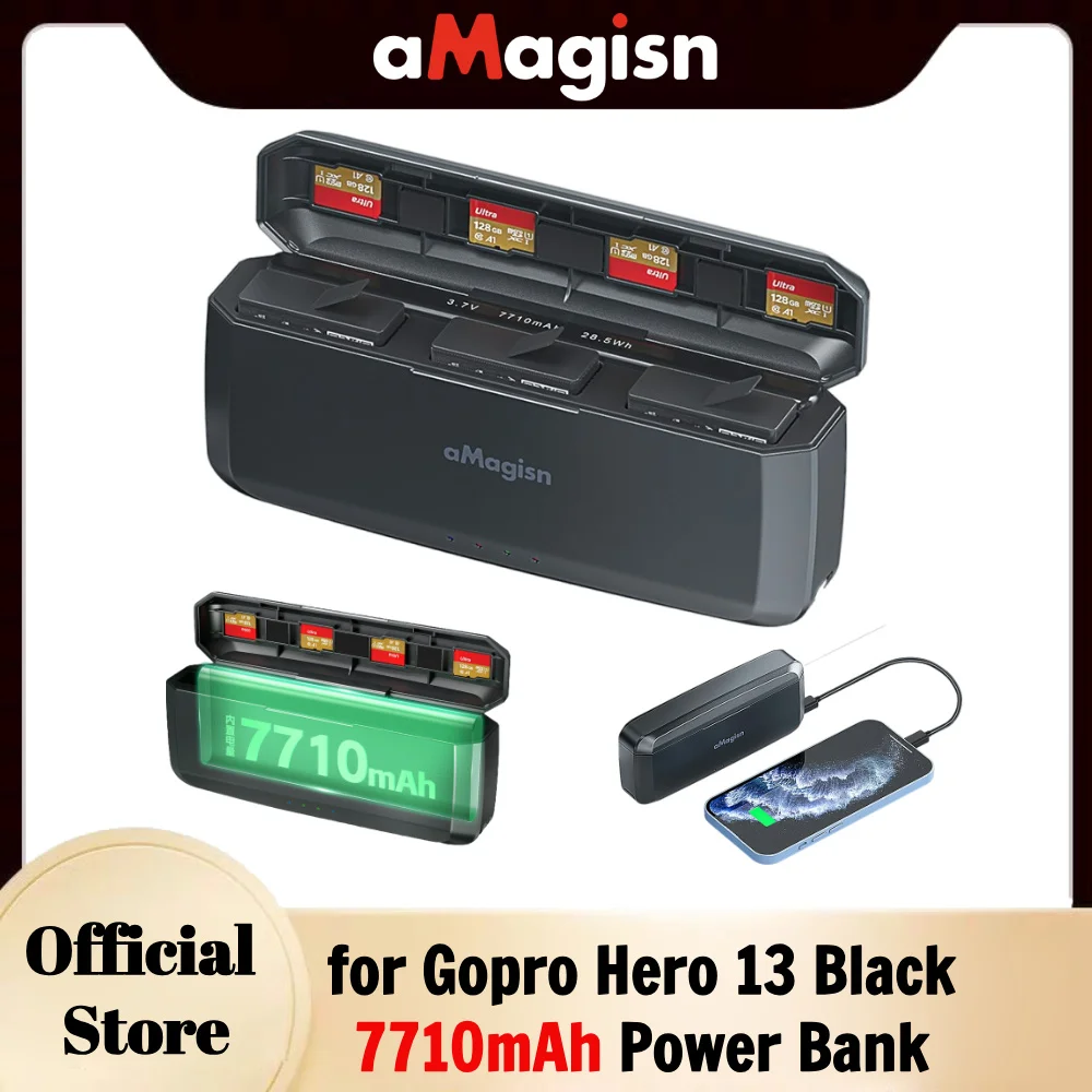 aMagisn Wireless Battery Charger for Gopro Hero 13 Black, 3 Channel Battery Charger Case 7710mAh Power Bank for Go pro Hero13