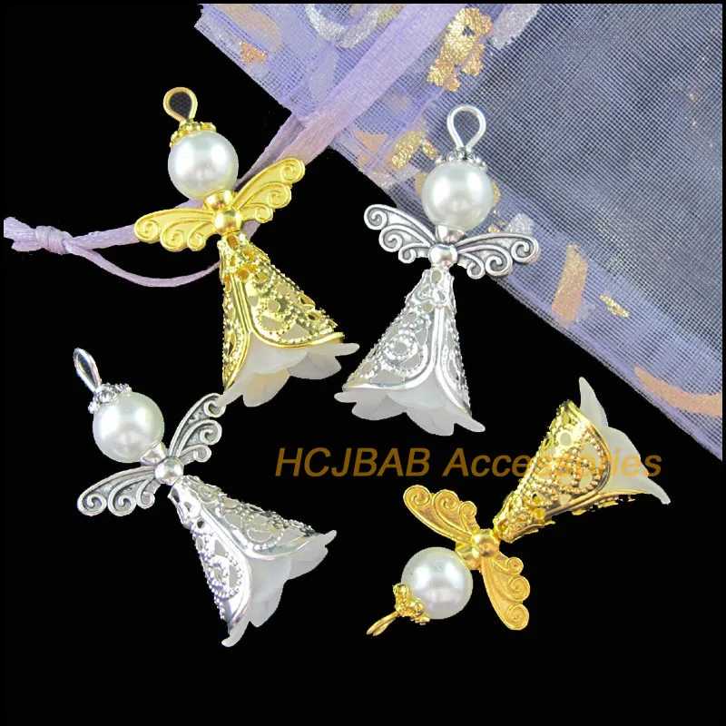 8 New Tibetan Silver Plated Gold Color Charms White Acrylic Angel Wings Pendants 22x37mm