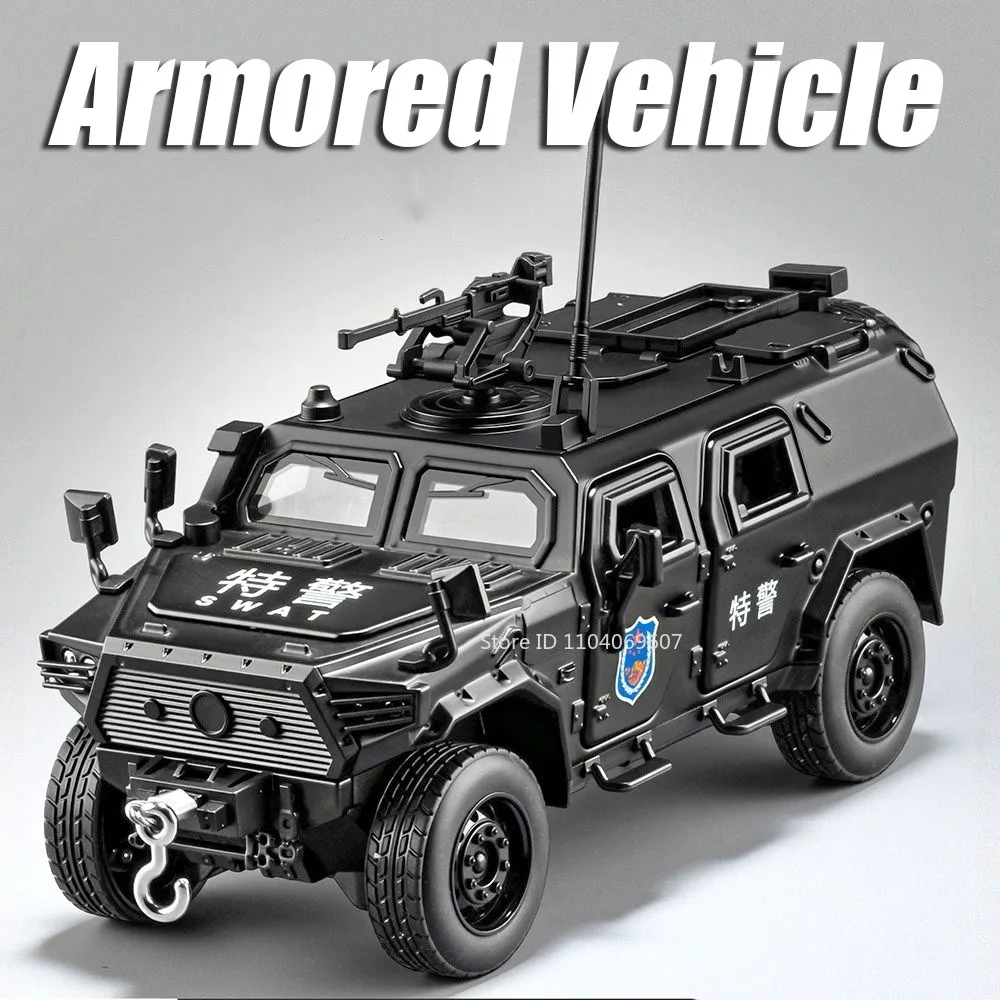 1:32 MengShi Sabertooth Armored Police Car Model Toys Metal Diecast Sound Light Doors Opened Pull Back Toy Off-road Vehicles