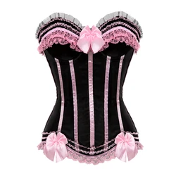 Pink Corset Top Sexy Lingerie Bustier Women Vintage Satin Lace Up Waist Cincher Body Shaper Corsets Plus Size Burlesque Corselet