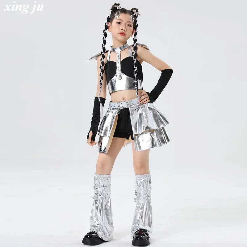 Argento Moda Bambini Set di danza jazz Kpop Concorso di danza Costumi Abiti per spettacoli teatrali Ragazze Hip Hop Street Dance Wear