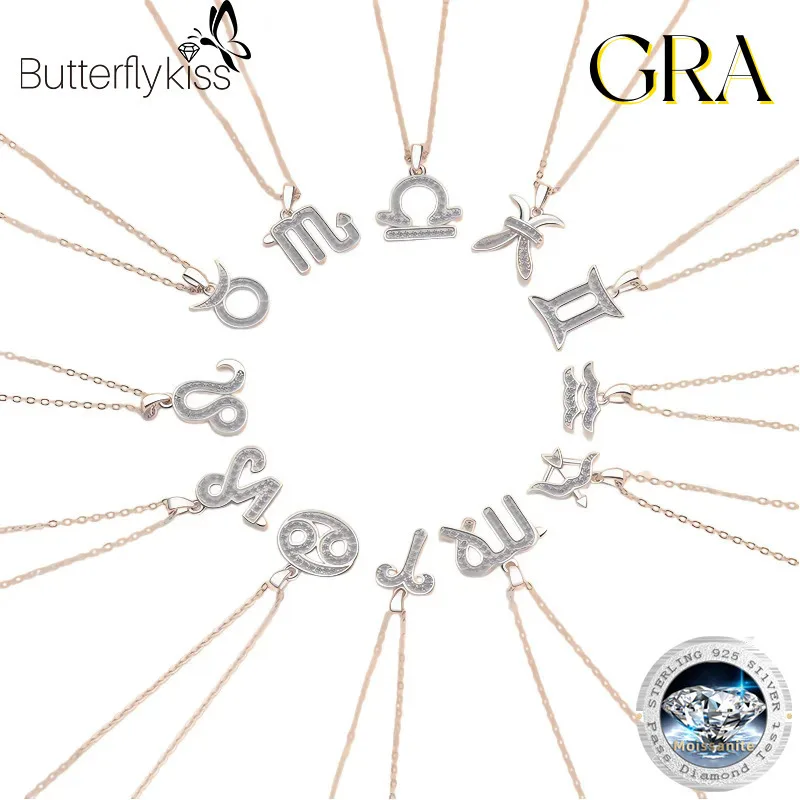 

Butterflykiss Moissanite 925 Sterling Silver Necklace For Men/Women 12 Constellations Signs Pendant Fine Jewelry Birthday Gift