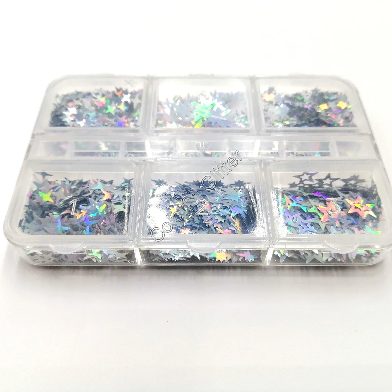 Decoración holográfica de plata octogonal, mezcla de purpurina, Estrella hueca, lentejuelas gruesas, forma de escama, pintura facial, arte de uñas, maquillaje corporal, bricolaje, 6 cuadrículas