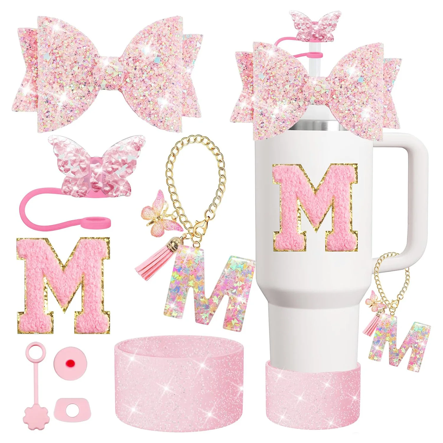 8PCS Cup Accessories Set for Stanley Cup 30 40oz Tumbler Straw Topper Cover Cap Boot,Spill Proof Stopper Charm Initials Sticker