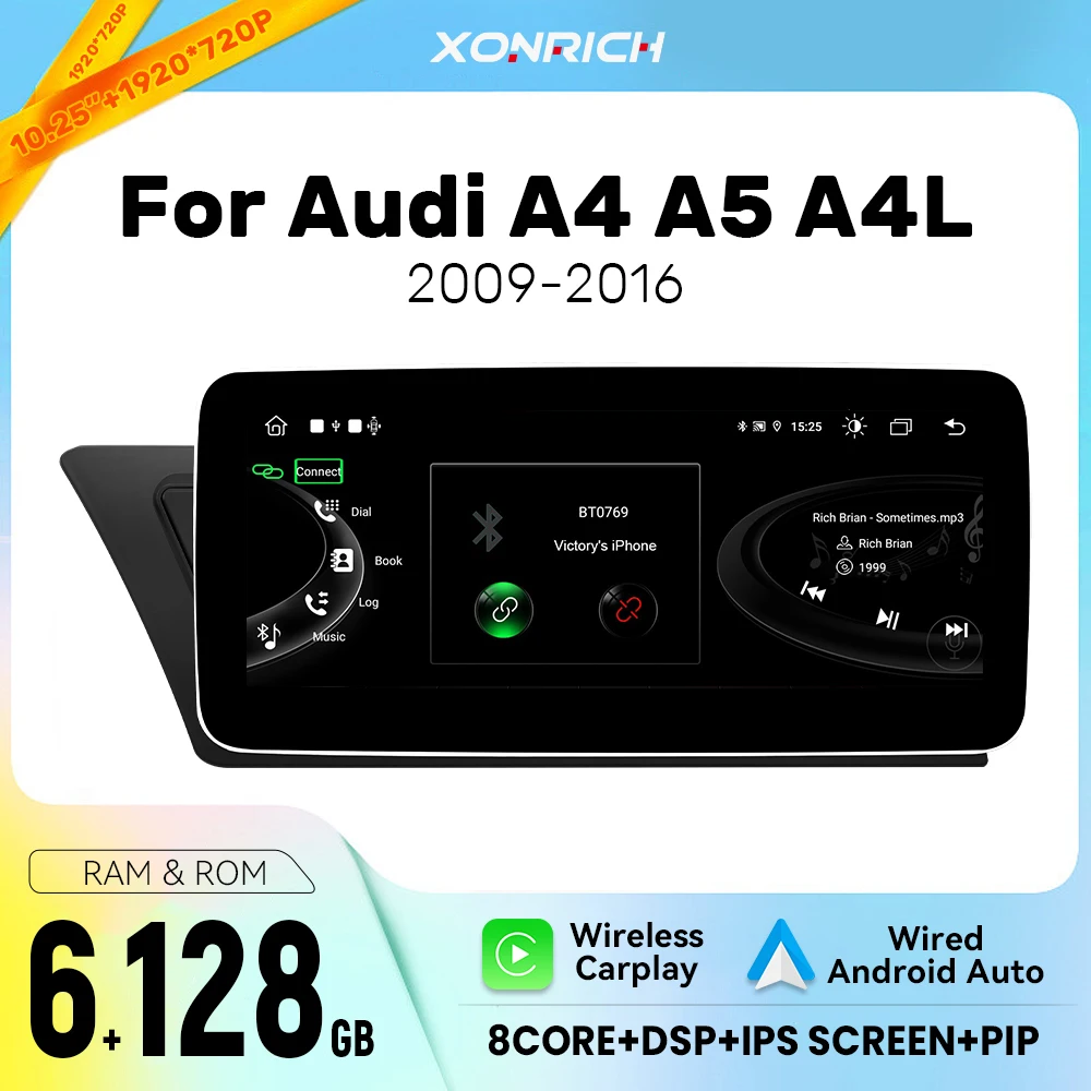 10,25 zoll Bildschirm Drahtlose Carplay Android Auto Auto Radio Player Für Audi A4 B8 A5 2009-2016 Multimedia android14 GPS 4G WIFI DSP