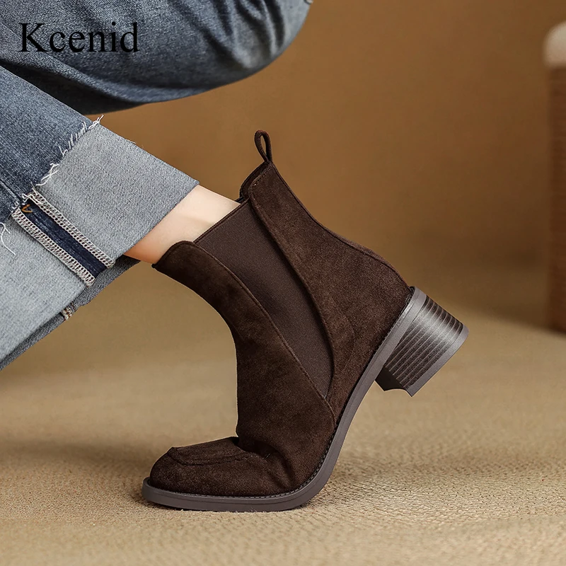 

Kcenid Plus Size 43 Chelsea Boots Chunky Heels Modern Retro Elastic Ankle Boots for Women Casual Winter Autumn Shoes Black Brown