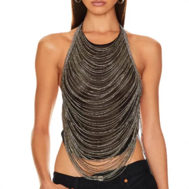 Rhinestone Multi-Layer Wavy Fringe Halter Cami Body Chain