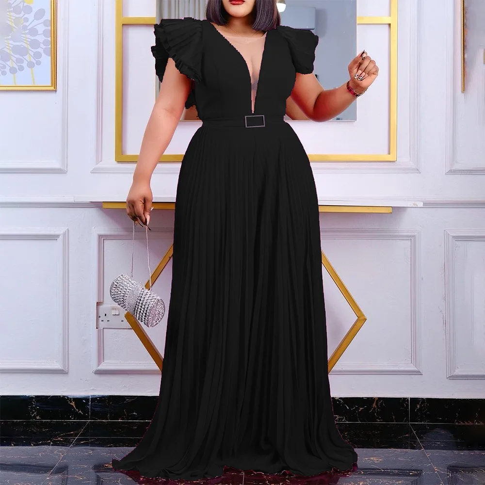 Elegant Jumpsuits Luxury for Women Wedding Pleated Round Neck High Waisted Floor Length Evening Party Dinner Overalls Cloth New
