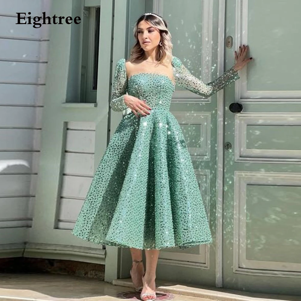 

Eightree Dubai Turquoise Sequined Prom Dresses Long Sleeves Midi Saudi Arabia Muslim Evening Dress Luxury Bespoke Occasion Gowns