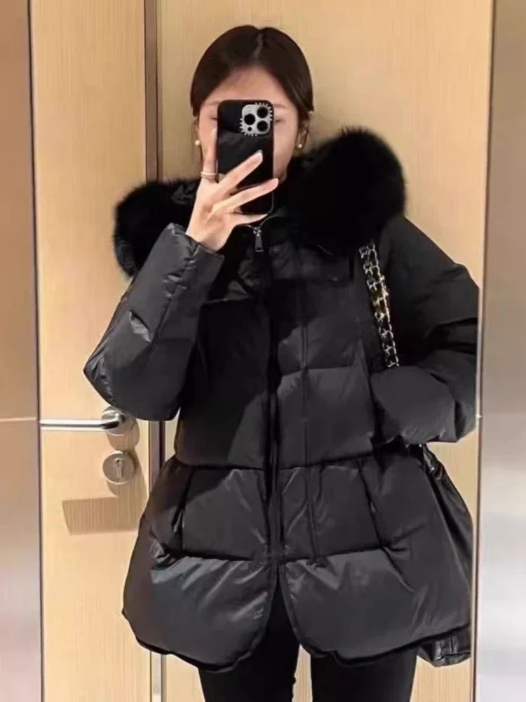 冬用ダウンジャケット レディース 本物のフォックスファー付きフード 厚手 90% ホワイトダックダウンコート パーカー 防水 レディース スリム ショート JJ1118