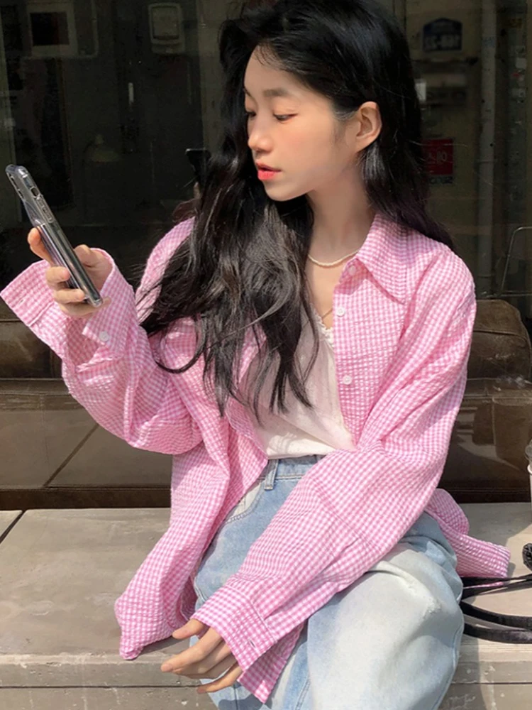エレガントな長袖レディースシャツルーズバブルテクスチャチェック柄ファッショナブルなユニークトップ日焼け止め韓国スタイル通勤風