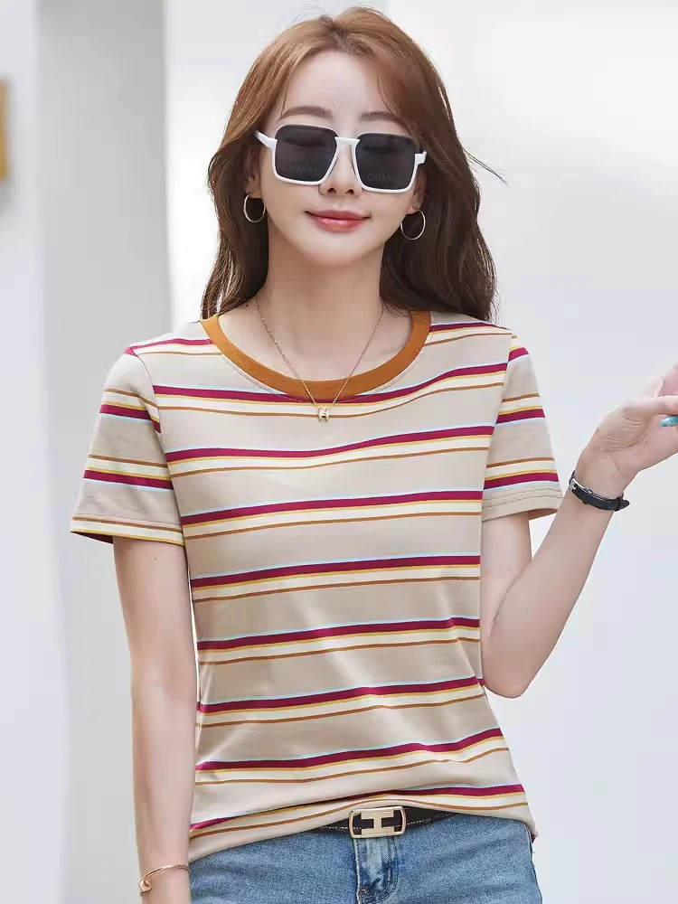 New Women Summer Striped T-shirt Fashion O-Neck Short Sleeve Loose Fit Cotton Tees Tops Simplicity Casual Basic T-shirt