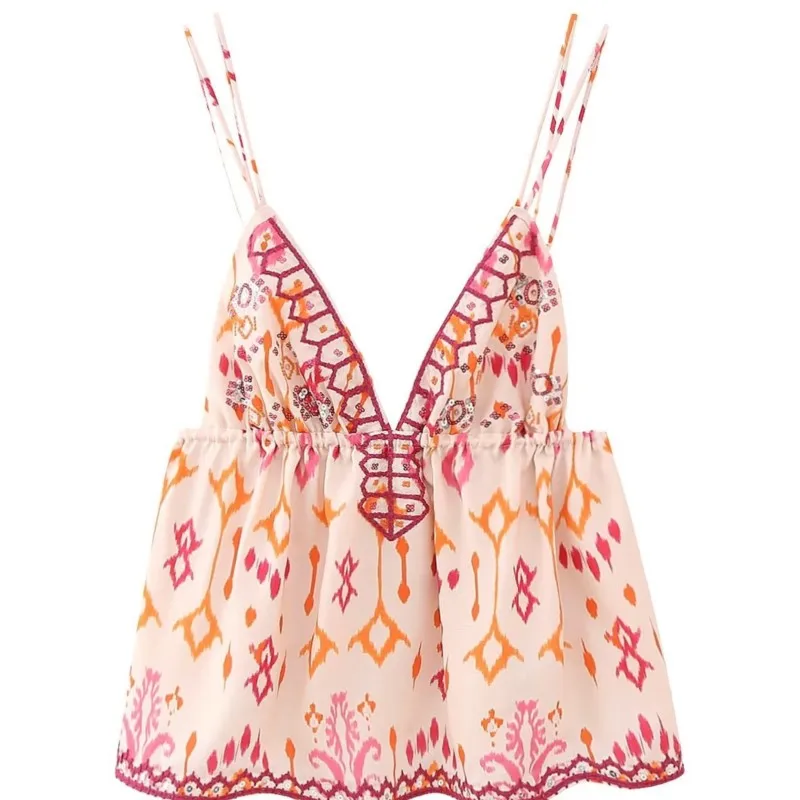

New Printed Suspender Tank Top For Women Sleeveless V-Neck Cropped Blouse Vacation Chic Corset Top With Straps Ladies Streetwear