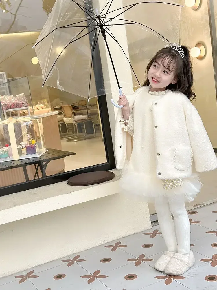 Kids Girls Princess 2pcs Clothes Set Winter Children Christmas Warm Thick Shiny Coat Outwear+Sundress Vintage Elegant Suit