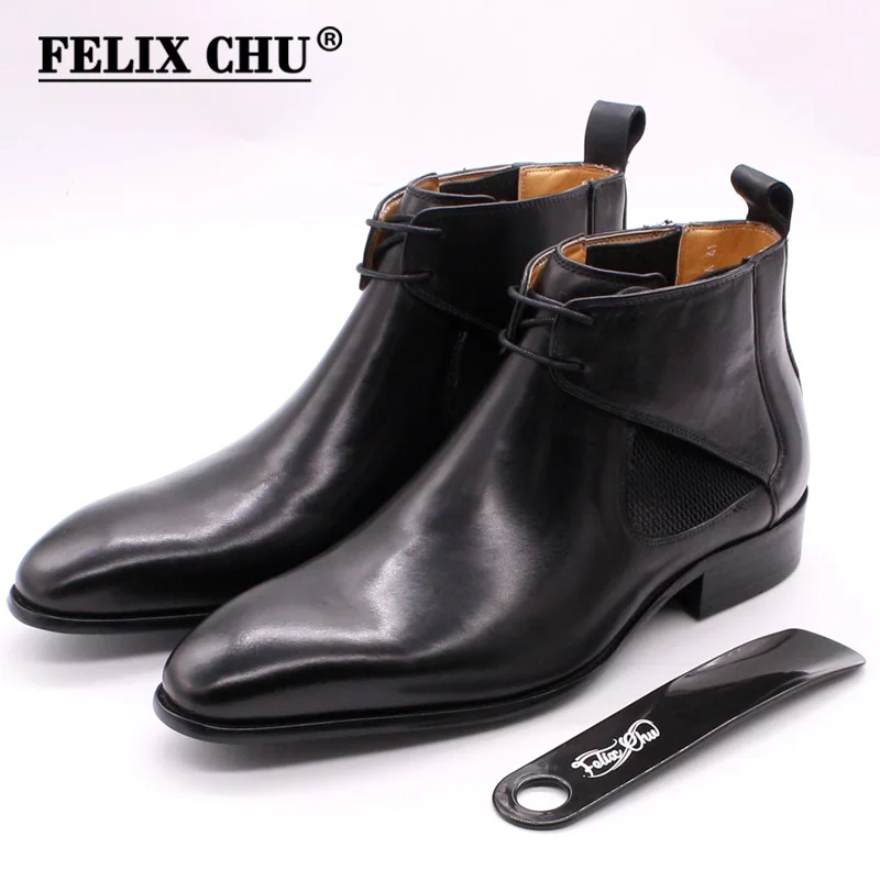 Street Style Mens Leather Boots Square Plain Real Leather Chelsea Black Brown Dress Shoes Handmade Lace Up Ankle Boot for Men