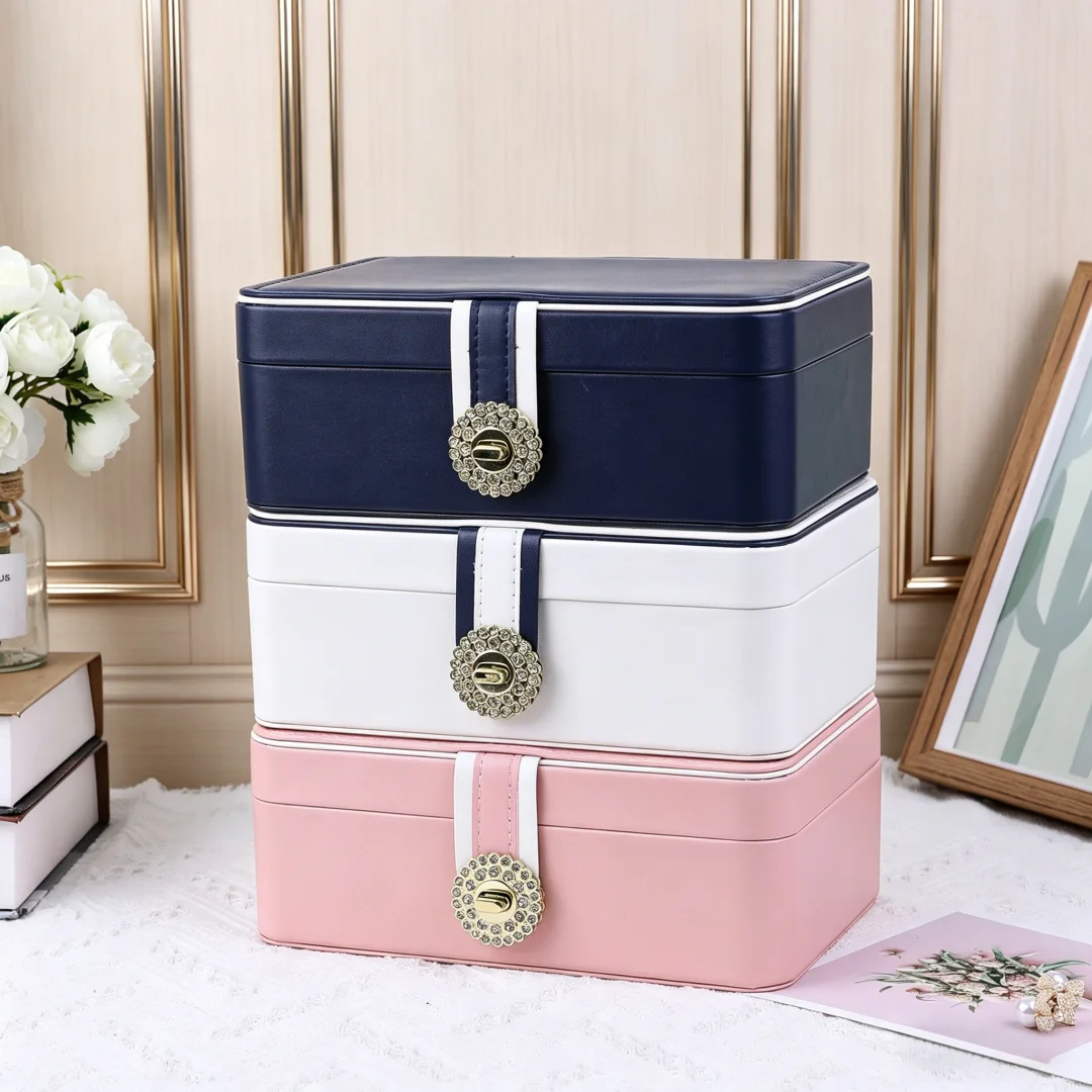 European Multi Layer Jewelry Box Soft Fabric Top Leather Case Display 2 Watch Pillow Antique Retro Brass Lock Large Capacity