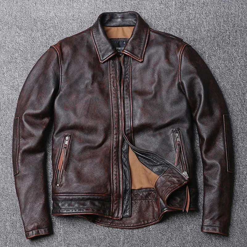 Red-Brown American Retro Motorcycle Style Distressed High Sense Classic Genuine Leather Jacket Vintage Quality Cowhide Coat 6XL