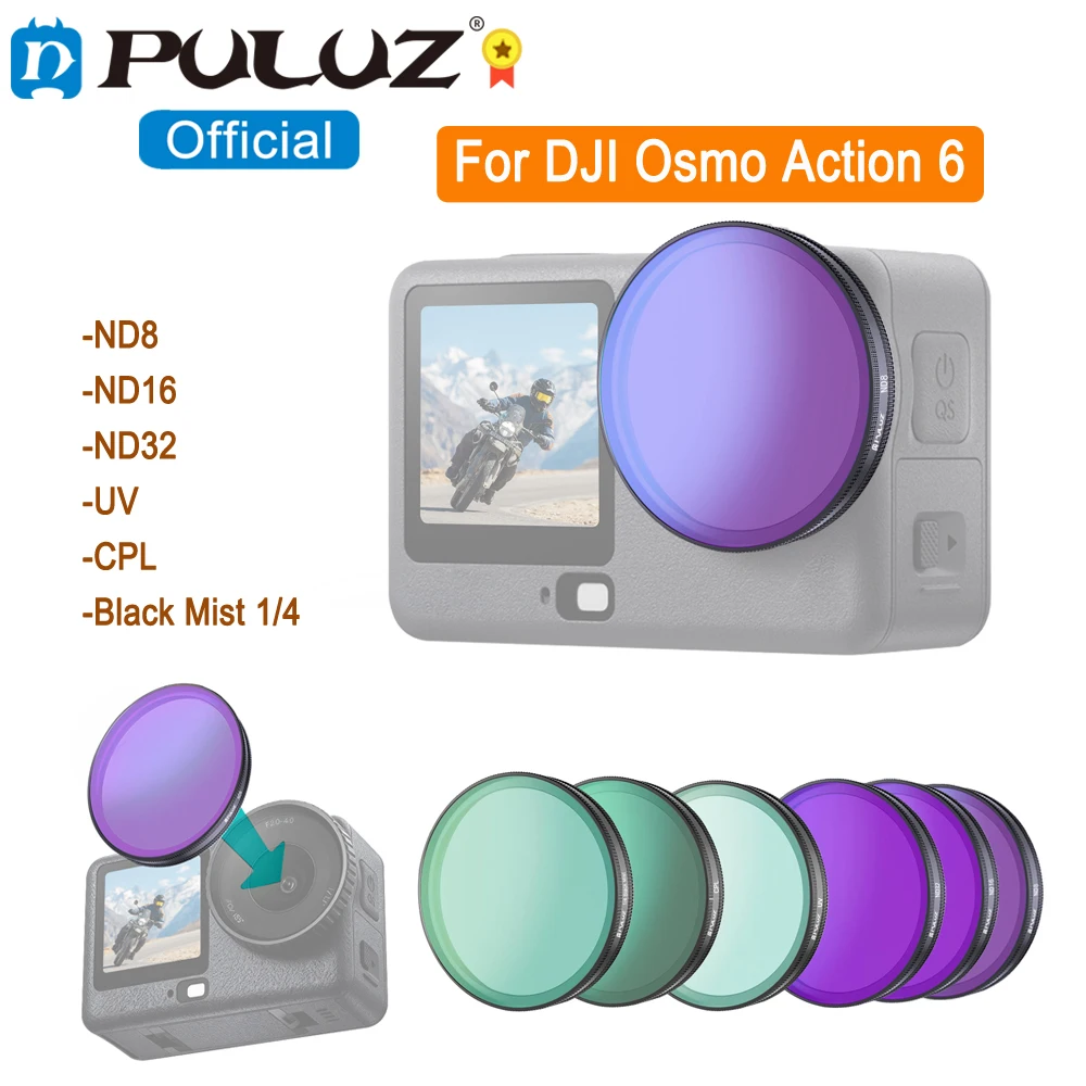 PULUZ Optical Glass Camera Lens Filter For DJI Osmo Action 6, ND8 ND16 ND32 UV Filter / CPL Filter / Black Mist 1/4 Filter