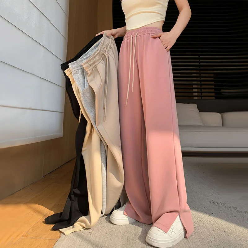 

2024 Spring Summer Women Hight Wasit Wide Leg Pants Lady Loose Straight Trousers Solid Color Female Casual Side Slit Long Pants