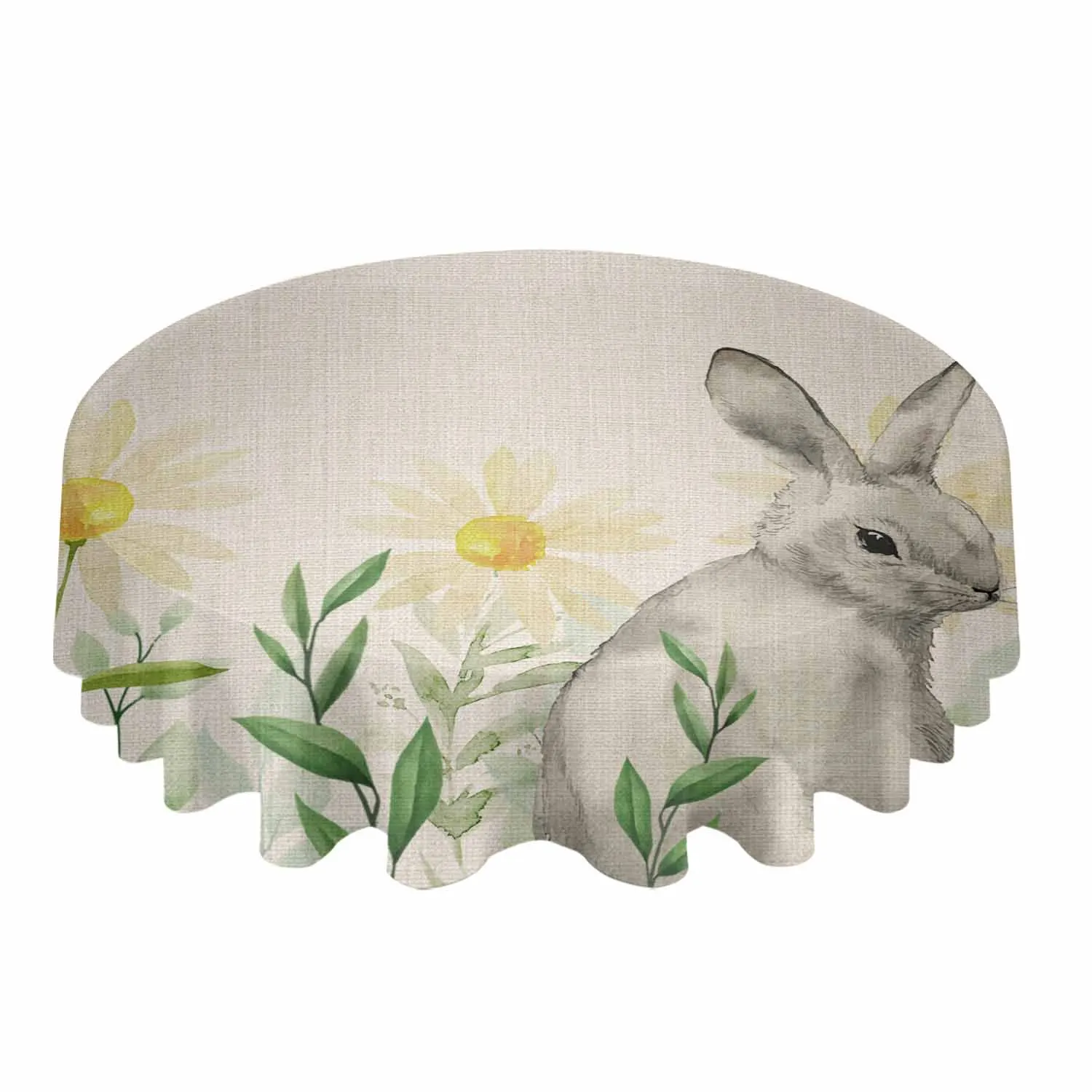 Plant Daisy Green Leaf Rabbit Waterproof Tablecloth Tea Table Decoration Round Table Cover For Kitchen Wedding Home