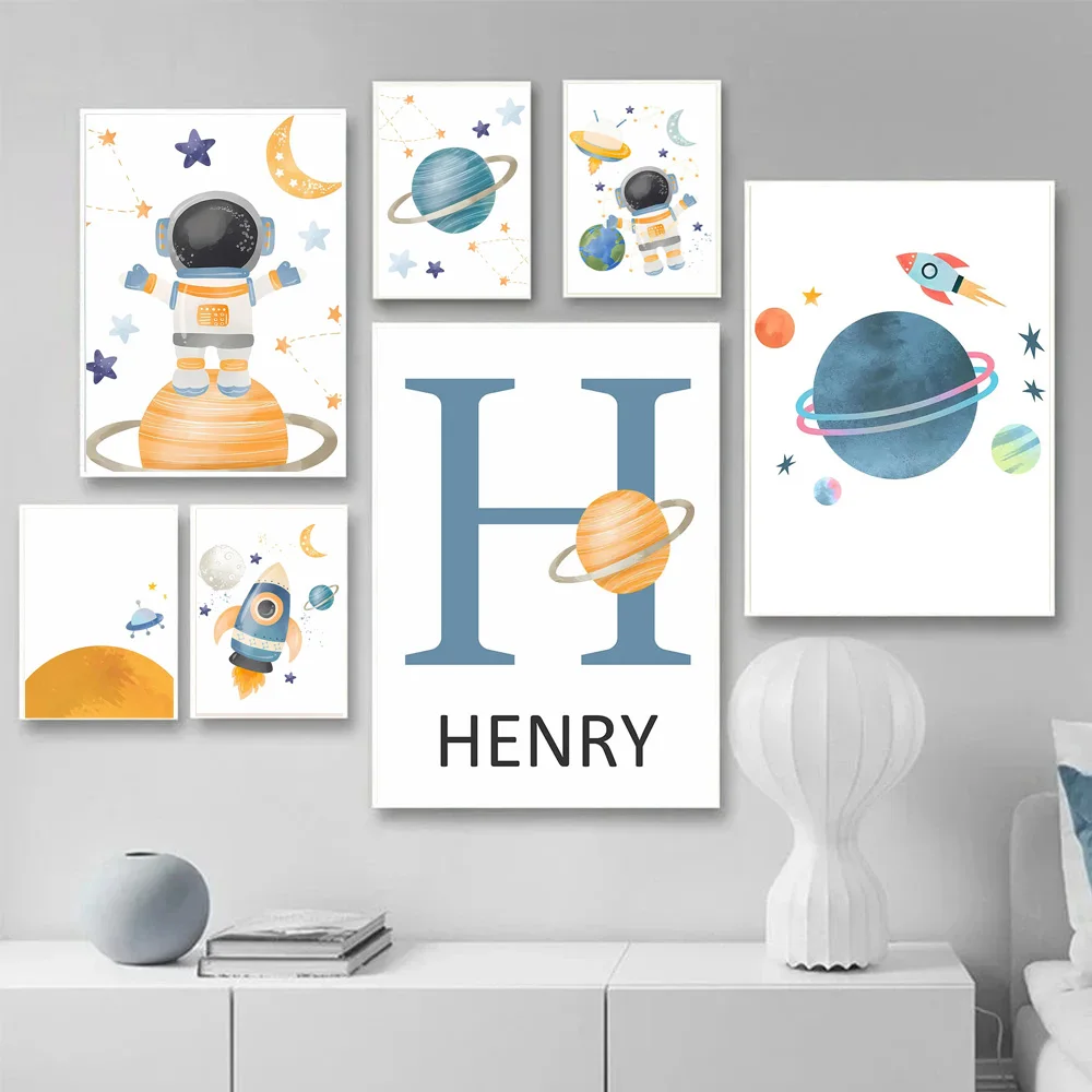 Rocket Astronauts Planet Outer Space Name Custom Wall Art Pictures Printed On Canvas Nordic Posters For Children's Room decora