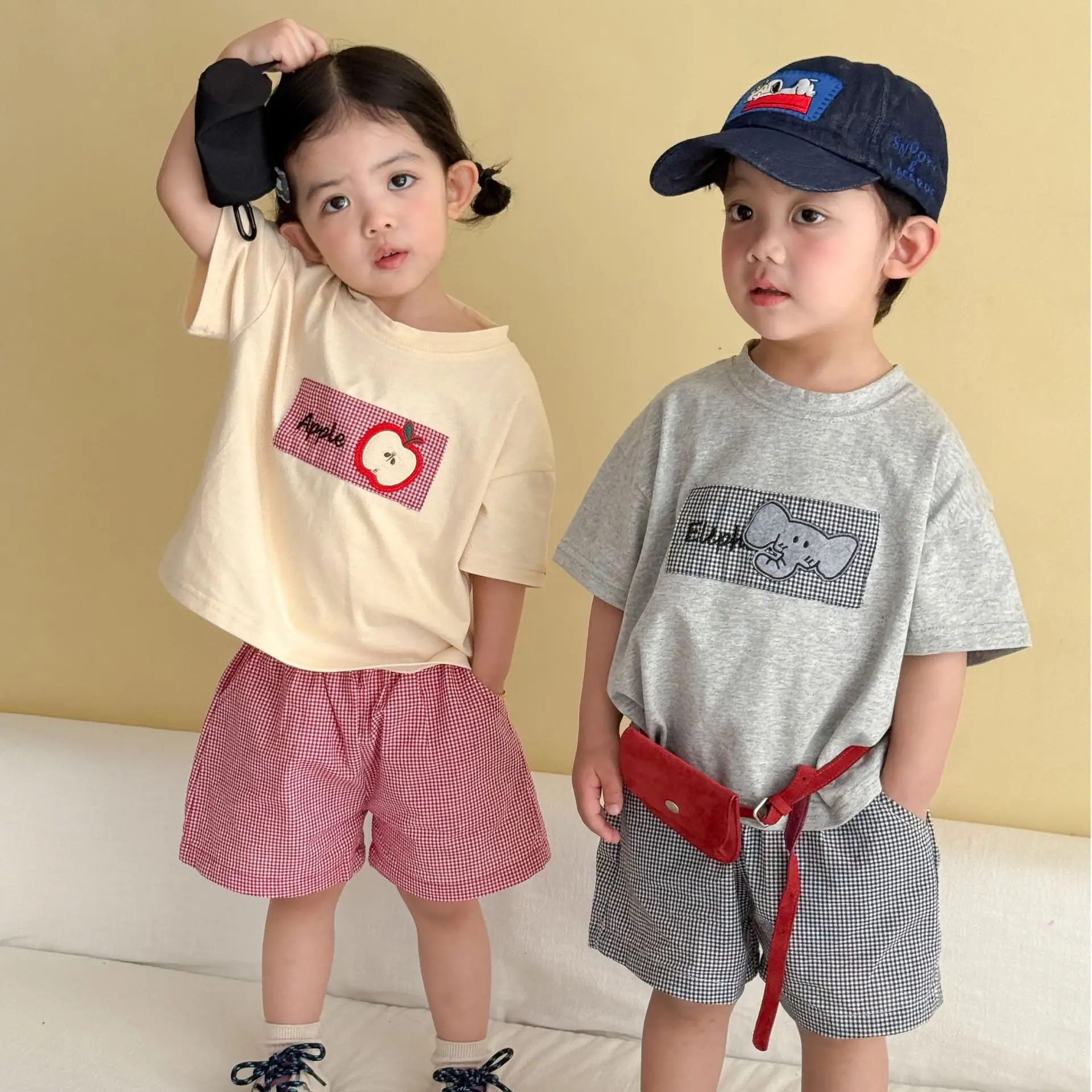2026 Summer New Children Short Sleeve Casual Clothes Set Boys Girls Cartoon T Shirts + Plaid Shorts 2pcs Suit Toddler Outfits