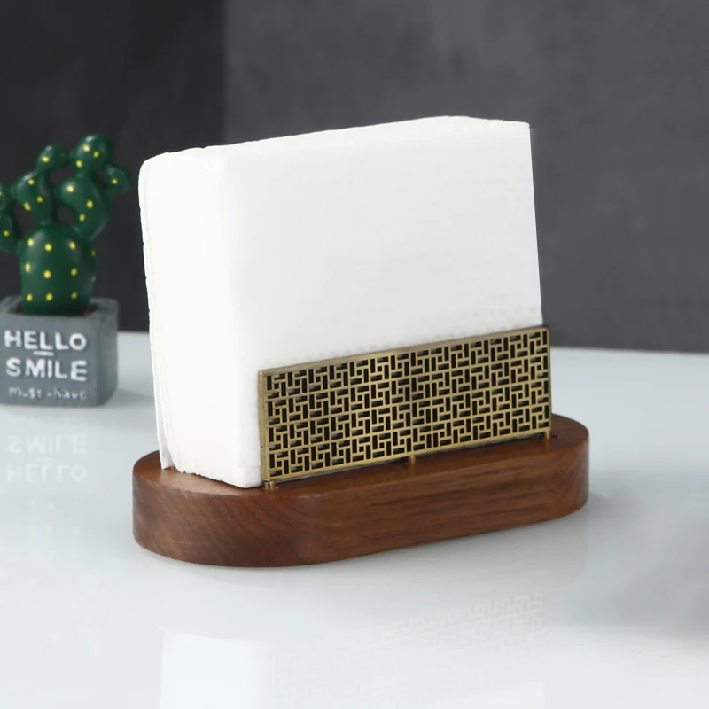 Wooden Tissue Paper Holder Brass Napkin Holder Tableware Tissue Box Storage Desktop Organizer Tableware Supplie