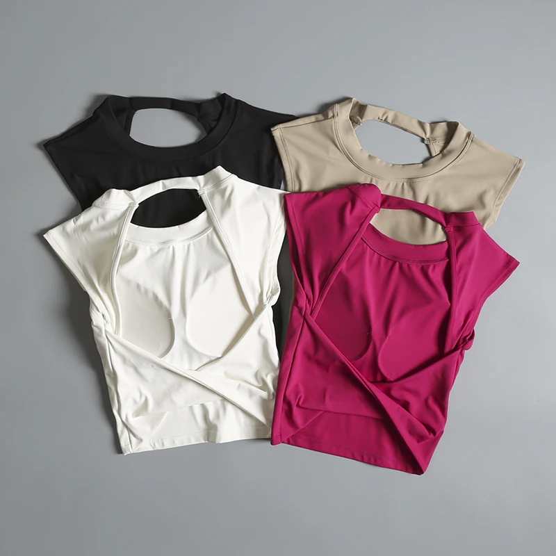Sport-T-Shirt für Damen im Sommer, kurz, sexy, rückenfrei, integrierter Yoga-Anzug, Weste, zum Laufen, ärmelloser Fitness-Anzug – Detail 2