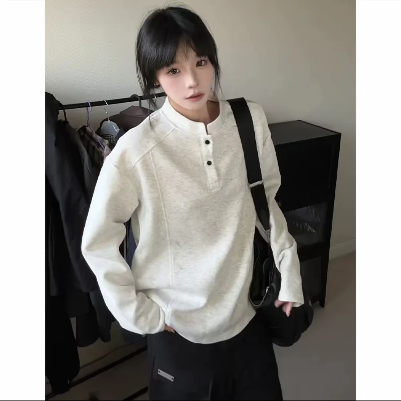 هينلي الرقبة العادية الكتف للجنسين البلوز الخريف النمط الأمريكي الجديد المرقعة تصميم كم طويل طبقة قاعدة أعلى