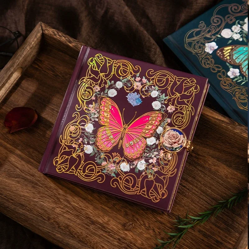 Cuaderno cuadrado con mariposa rosa, estilo gótico Retro, botón magnético, página interior a todo Color, ilustración, libro de Plan diario con borde dorado