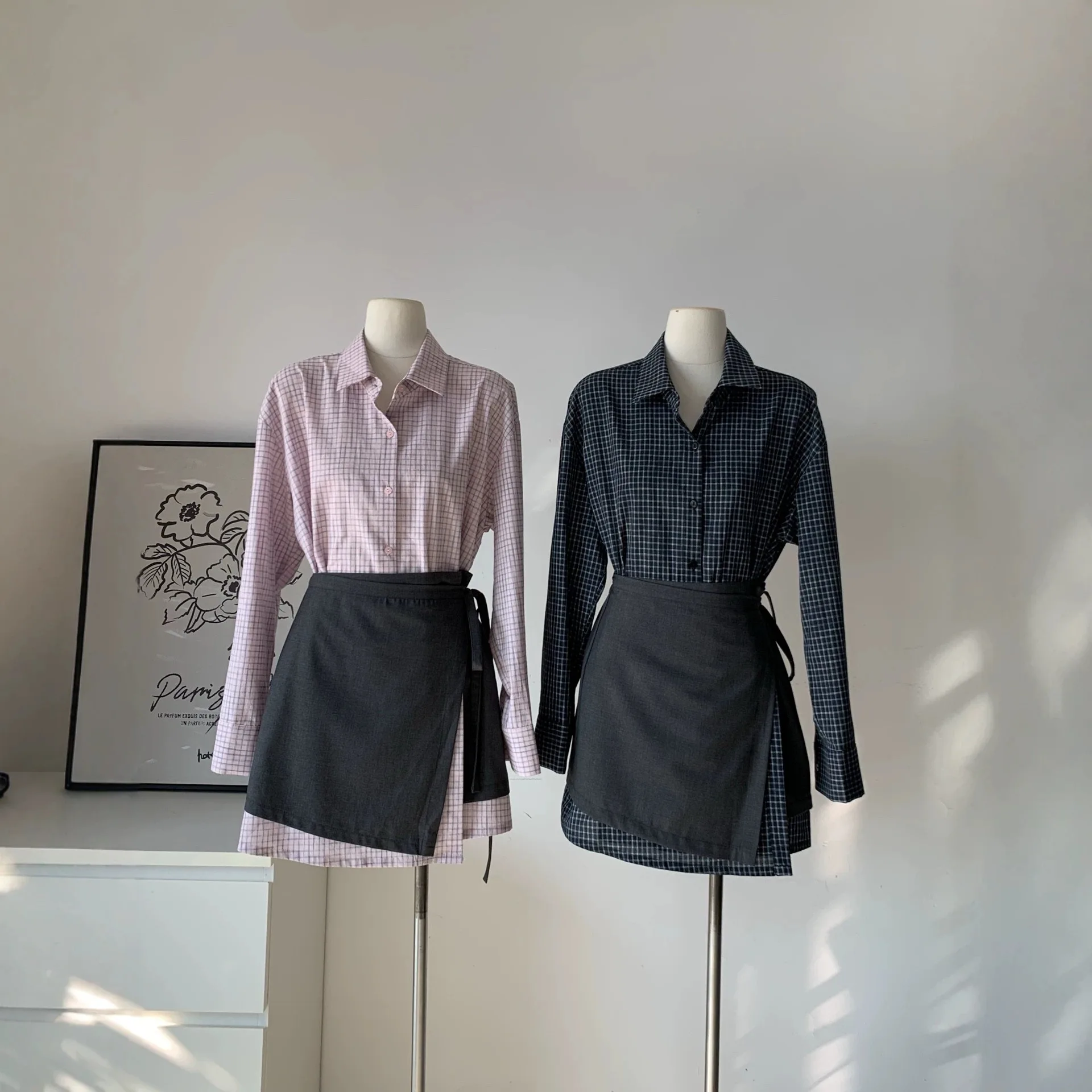 

SuperAen Spring 2026 New Korean-style Oversize Plaid Shirt Patchwork A-line Short Skirts Two Pieces Sets