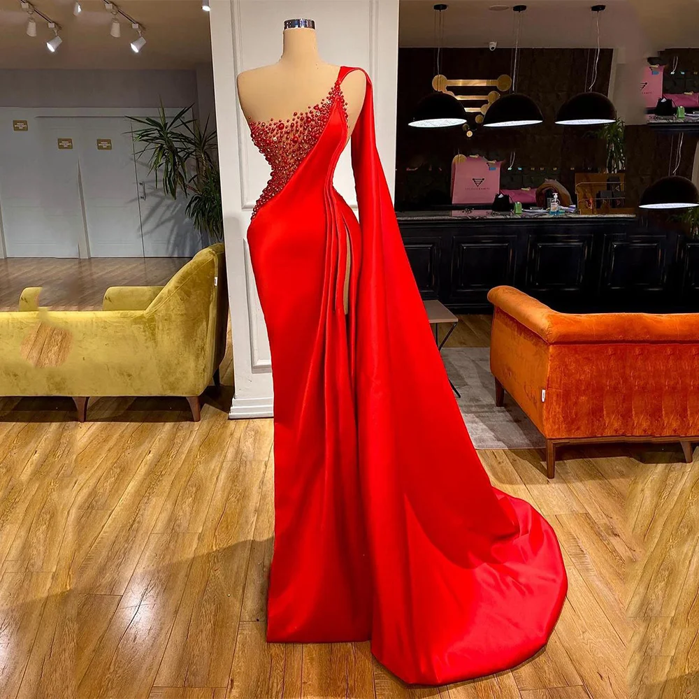 Sexy Red Mermaid Arabic Prom Dress with Long Shawl Illusion Beads Rhinestone Satin Evening Party Gowns Women Robe De Soirée