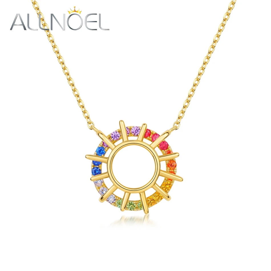 

ALLNOEL Rainbow Circle Turntable Pendant 925 Sterling Silver Necklace For Women Colorful CZ Zircon Gold Plated Jewelry Gifts