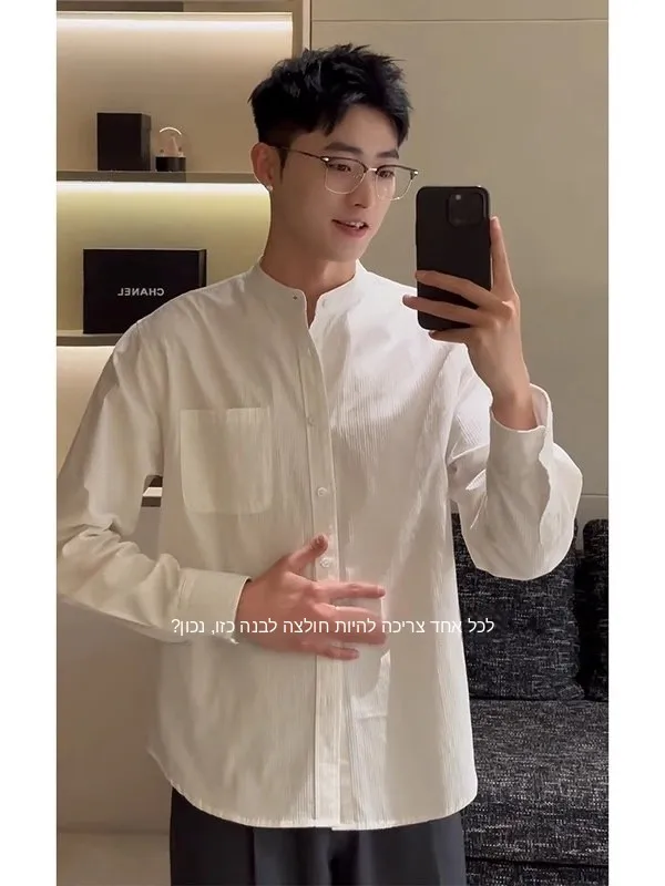 British Style Long Sleeve White Cotton Shirt Men's Spring Fashionable Top High Collar Premium Feeling Casual Youthful Trend